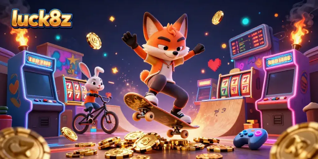 Celebrate wins at luck8z with a vibrant scene of a fox and rabbit enjoying casino-themed gaming action.
