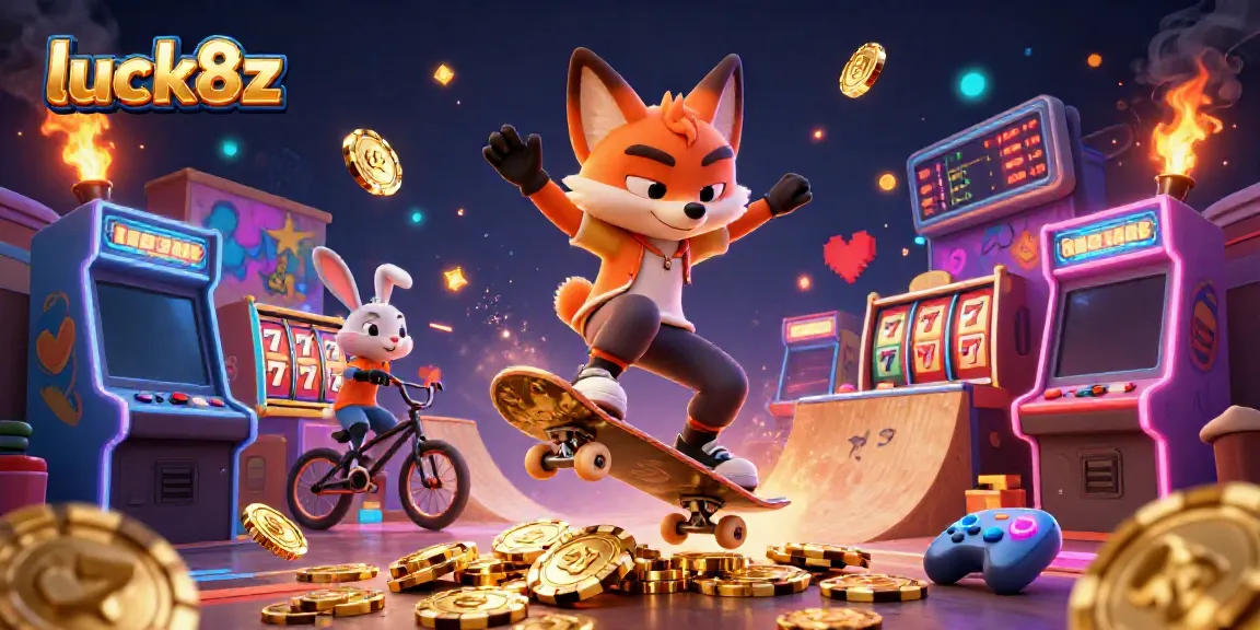 Celebrate wins at luck8z with a vibrant scene of a fox and rabbit enjoying casino-themed gaming action.
