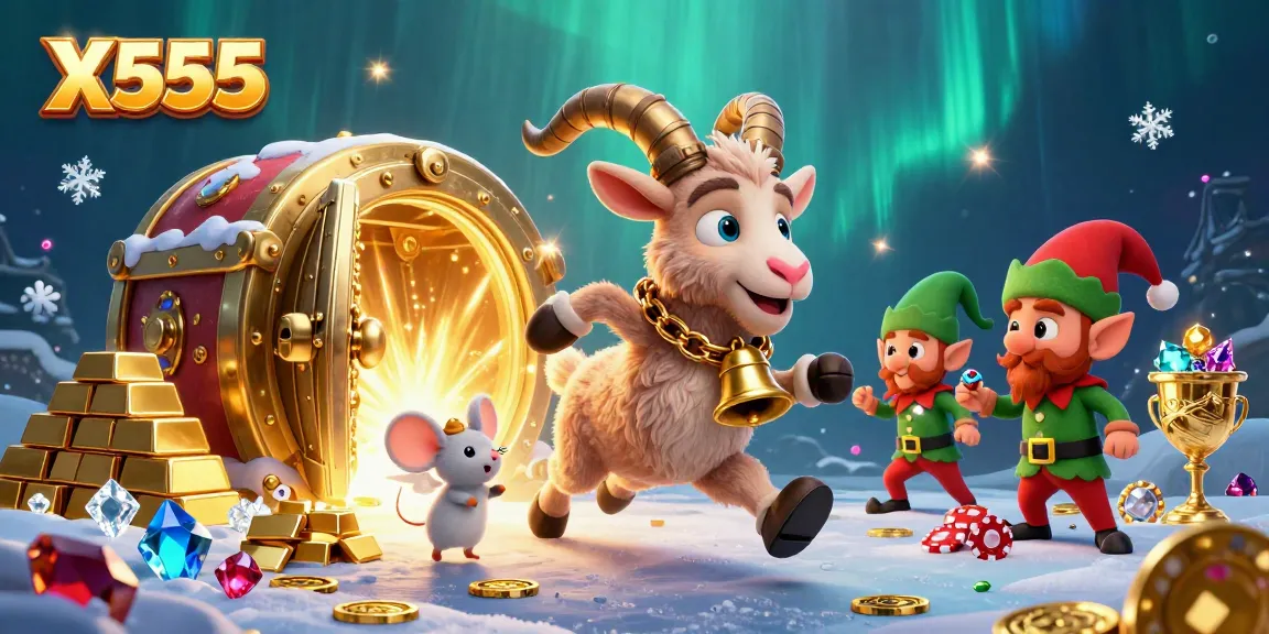X555 game illustration showing a festive Krampus casino scene with characters stealing chips in an engaging atmosphere.