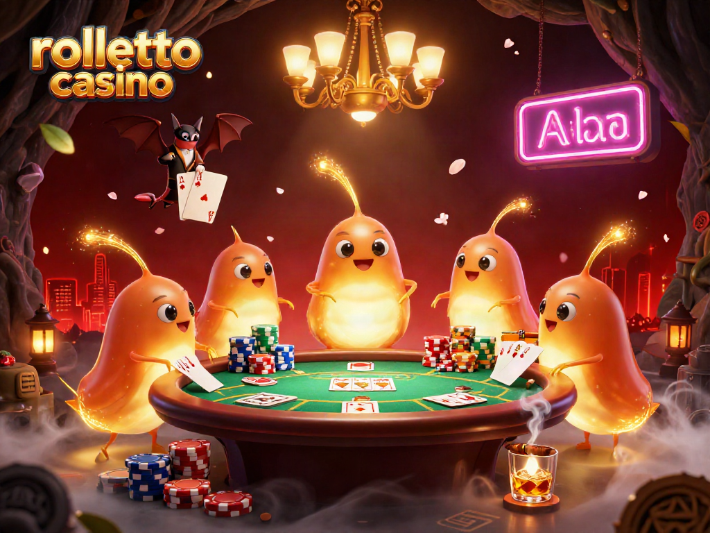 Experience the vibrant rolletto casino atmosphere with glowworms, poker tables, and dynamic game elements.