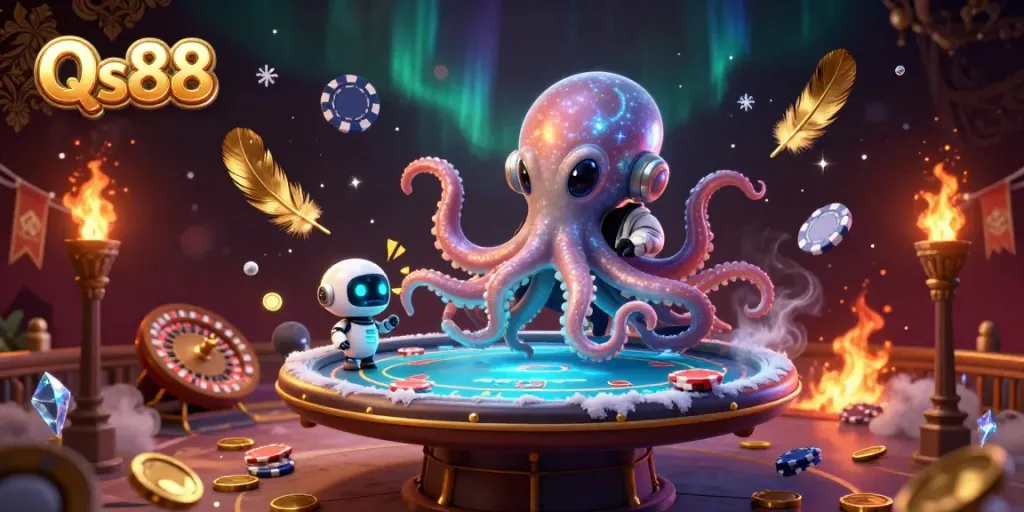 Engage with thrilling poker action featuring Qs88, surrounded by vibrant casino elements and a dynamic alien octopus.