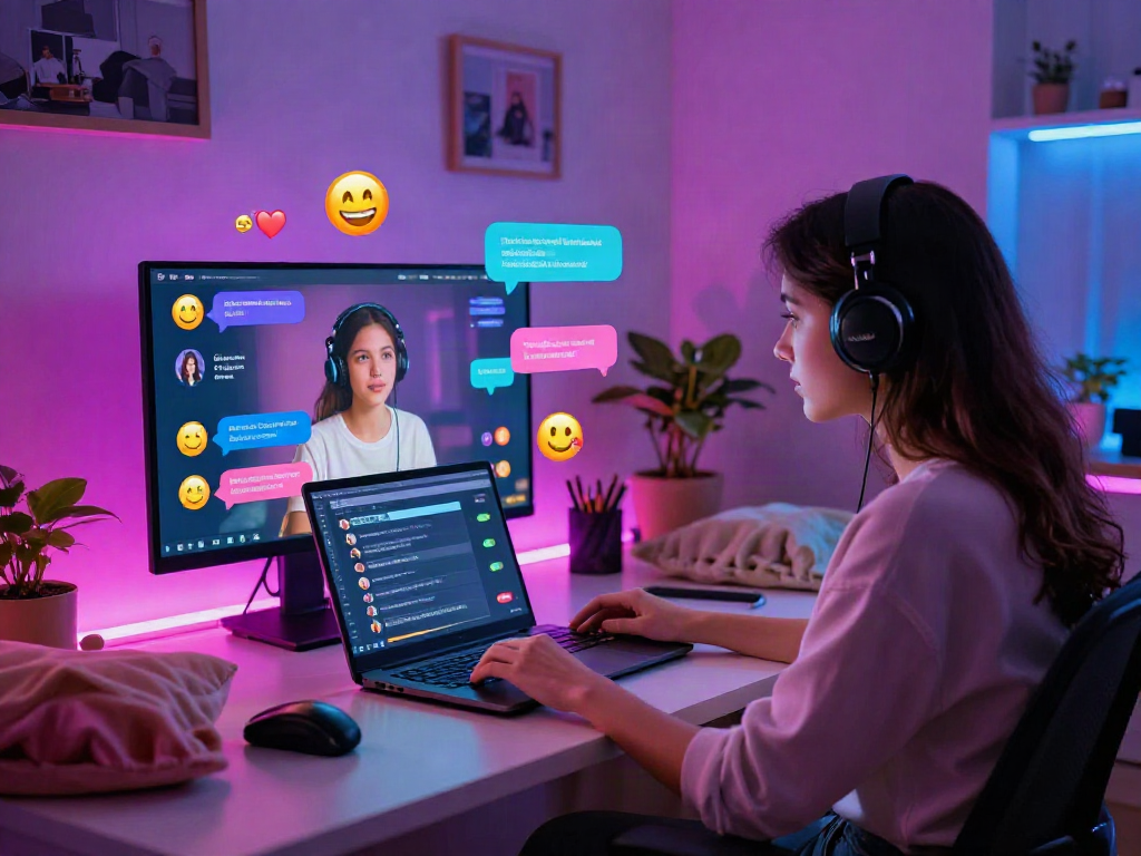 User engaged in a vibrant sex chat AI platform with colorful chat bubbles and modern tech.