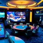An engaging online gambling scene illustrating new88go.com with a smartphone app, casino tables, and slot machines.
