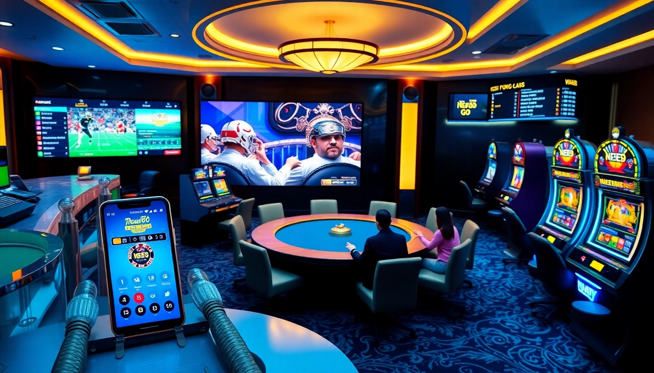 An engaging online gambling scene illustrating new88go.com with a smartphone app, casino tables, and slot machines.