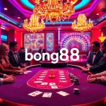 Bong88 casino players engaging excitedly at a vibrant blackjack table with poker chips and cards.