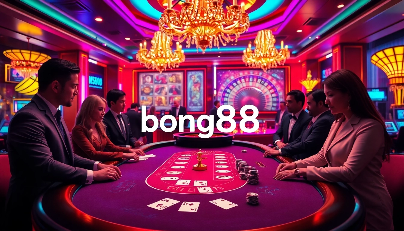 Bong88 casino players engaging excitedly at a vibrant blackjack table with poker chips and cards.
