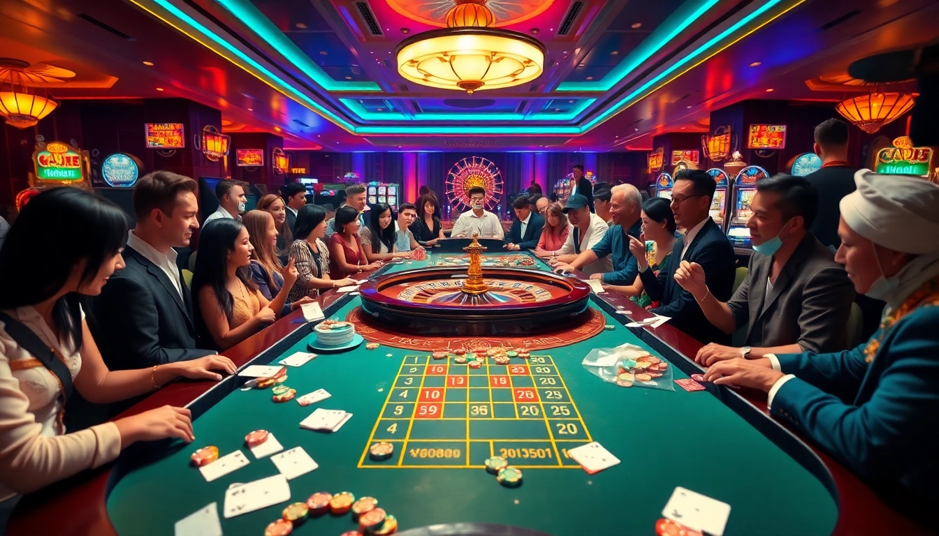 Players engage in thrilling casino games at https://tr88games.com/, featuring roulette and vibrant poker chips.