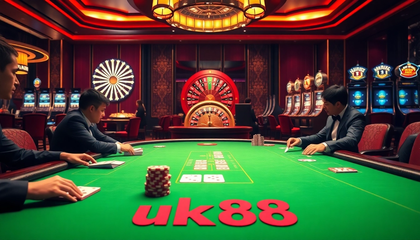 Experience thrilling bets at the luxurious uk88 casino, featuring vibrant poker tables and slot machines.