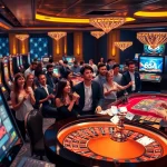 Players engage in exciting online gambling with 65A branding in a sophisticated casino atmosphere.