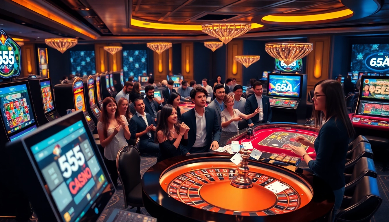Players engage in exciting online gambling with 65A branding in a sophisticated casino atmosphere.