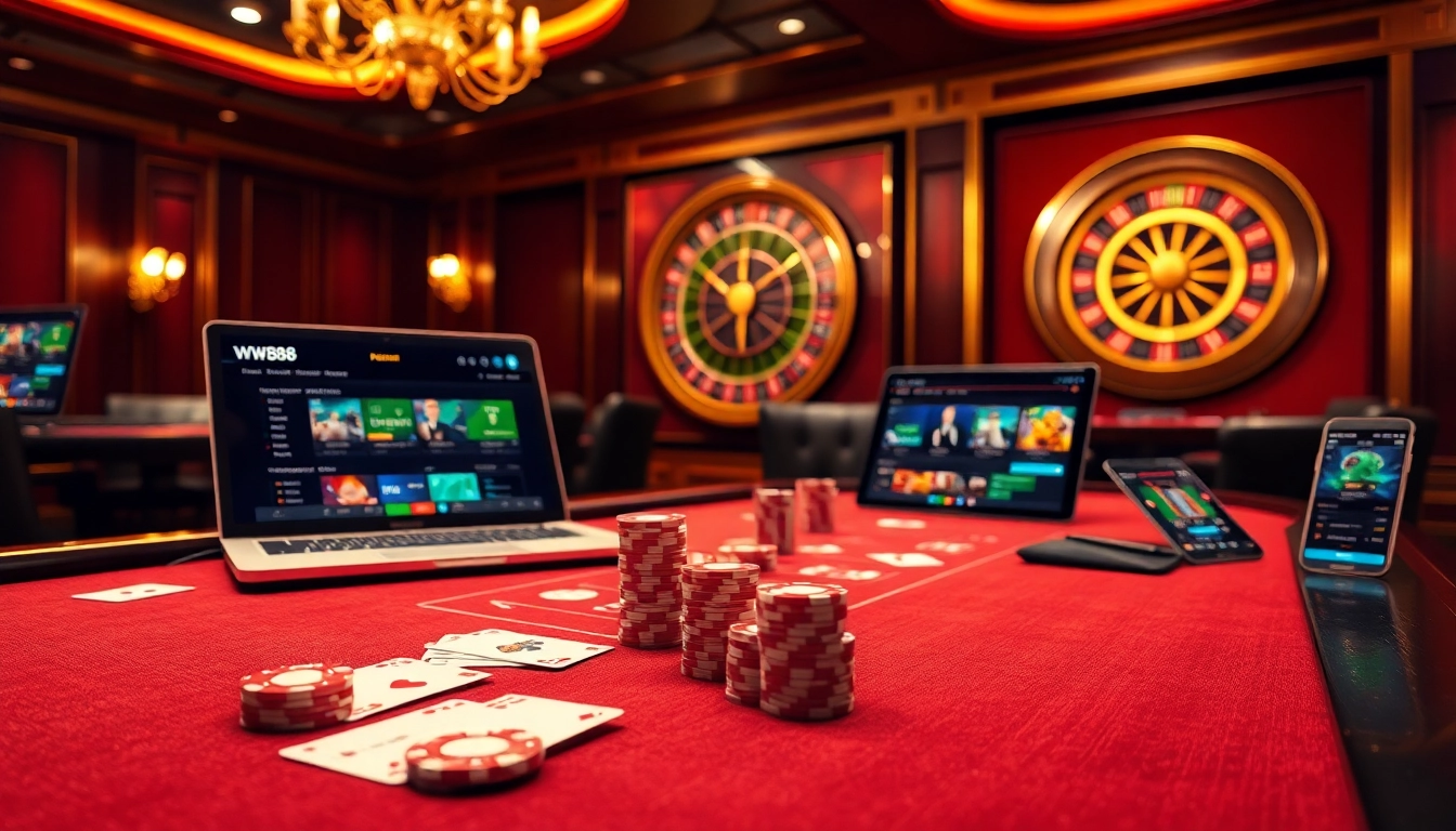 Experience high-stakes action at WW88 with this elegant casino scene showcasing poker tables and roulette.