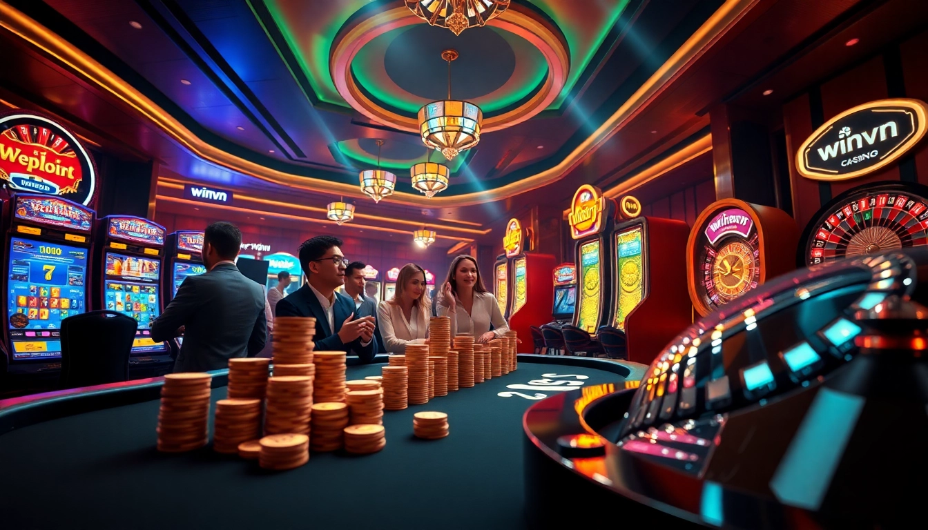 WinVN players engaging in thrilling casino gaming with vibrant slots and a roulette wheel.