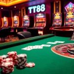 Engaging TT88 online gambling scene with poker tables, roulette wheel, and vibrant slot machines.