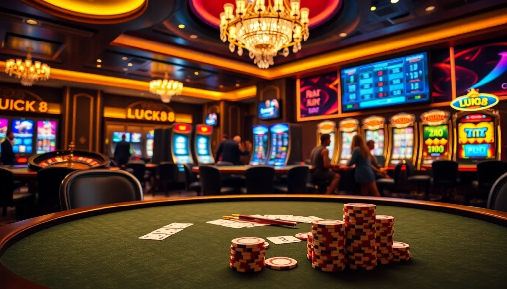 Engage in thrilling gameplay at LUCK8 VIP's luxurious casino, featuring poker tables and slot machines.