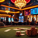 Engage in thrilling gameplay at LUCK8 VIP's luxurious casino, featuring poker tables and slot machines.