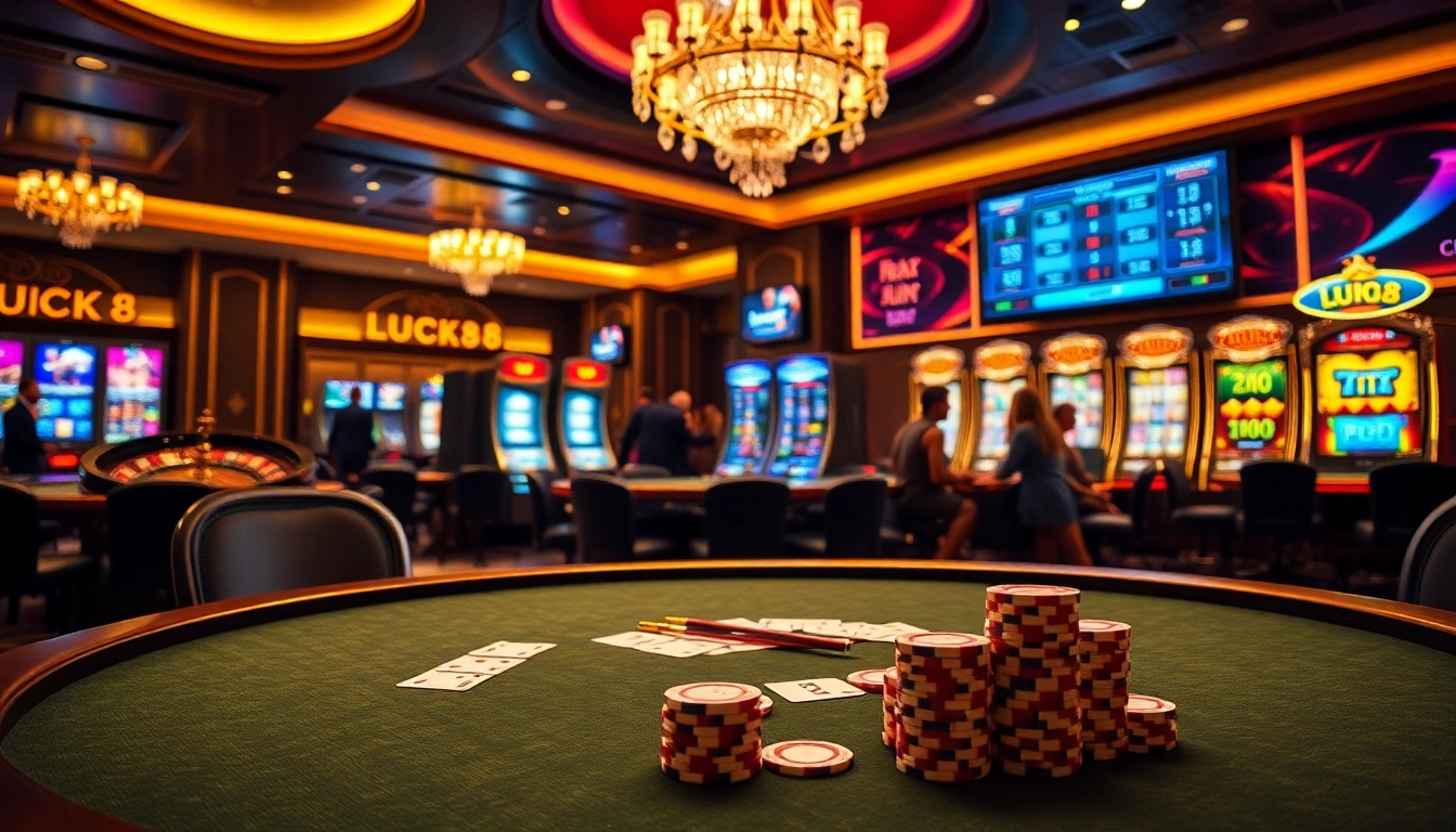 Engage in thrilling gameplay at LUCK8 VIP's luxurious casino, featuring poker tables and slot machines.