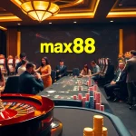 Engaging casino scene showcasing max88 with roulette wheel, poker chips, and dynamic players.