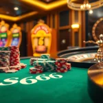 S666 poker table with vibrant chips and illuminated slot machines in a luxurious casino setting.