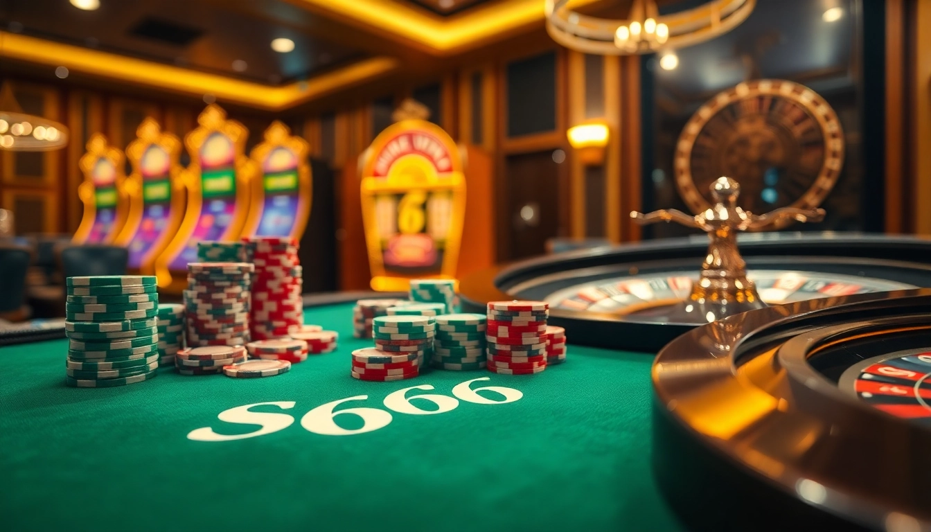 S666 poker table with vibrant chips and illuminated slot machines in a luxurious casino setting.