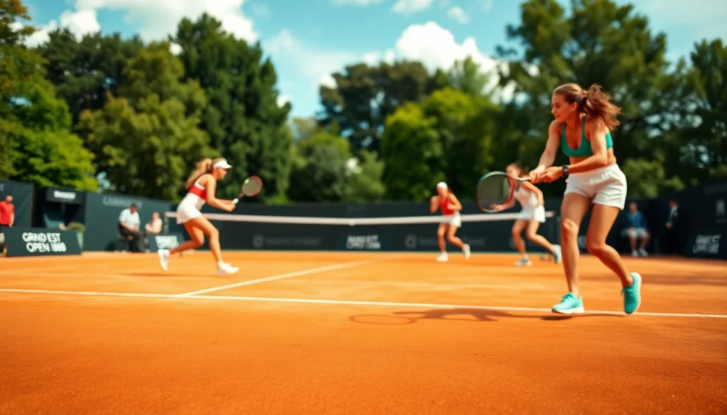 Energetic female players competing at the OPEN 88 tennis tournament on a vibrant clay court.