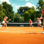 Energetic female players competing at the OPEN 88 tennis tournament on a vibrant clay court.