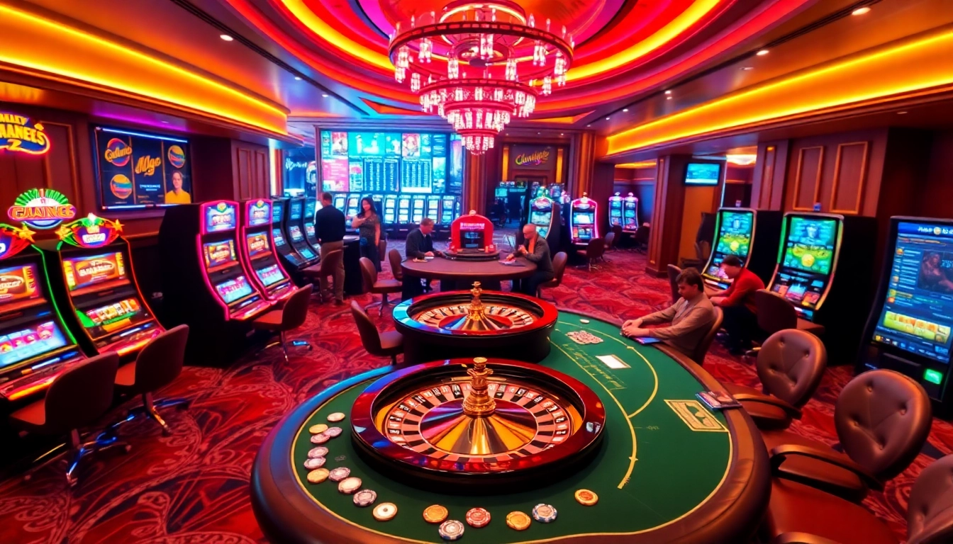 Exciting casino scene at https://lc88pro.com/ with poker, slots, and roulette in a luxurious setting.