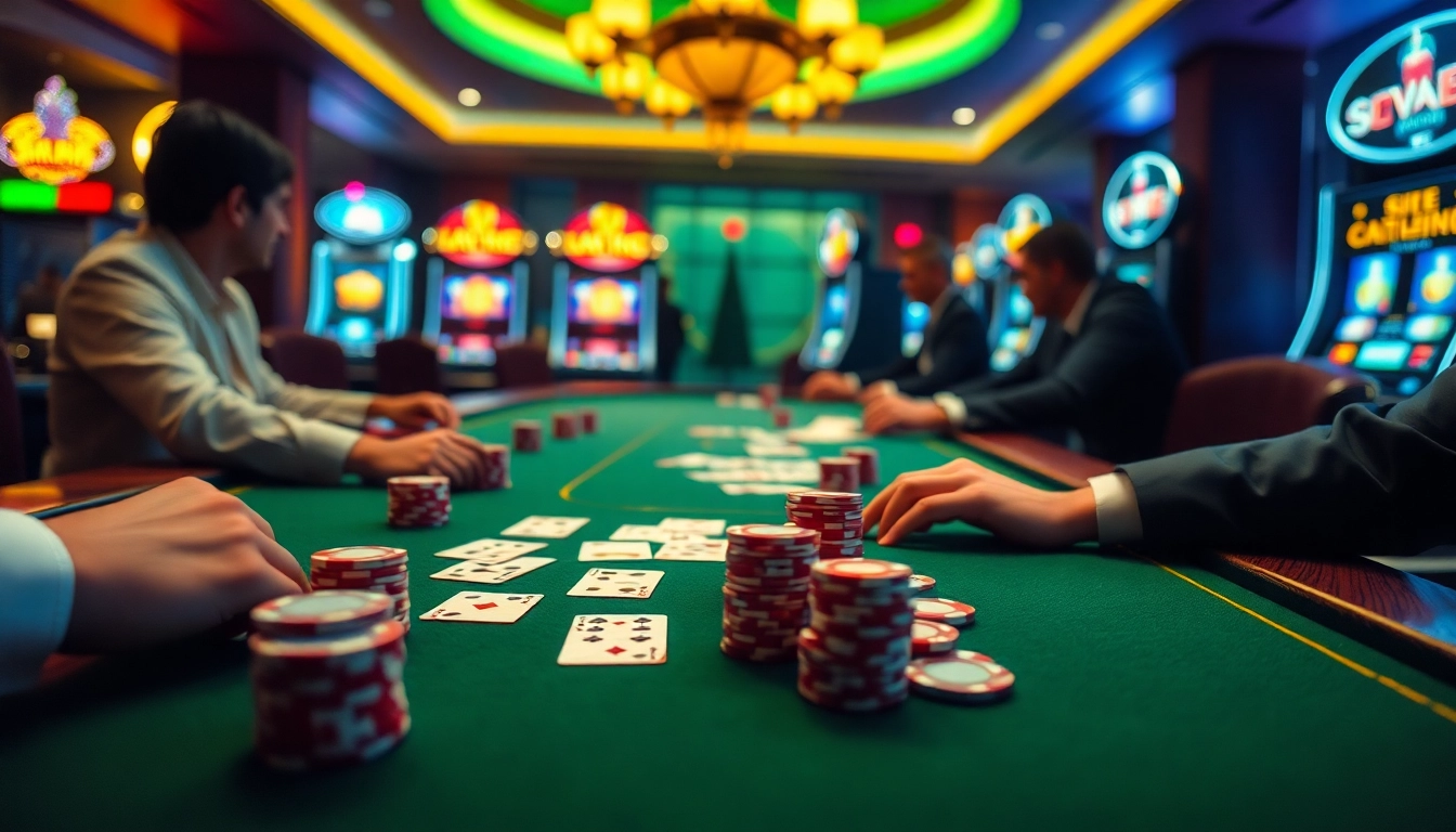 SV88 players enjoying a vibrant casino experience with high-stakes poker and lively betting.