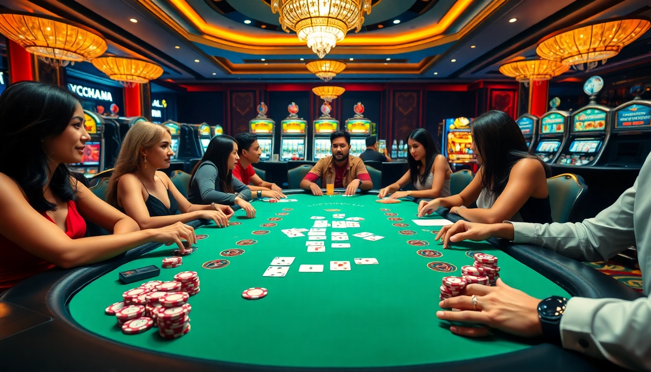 Players enjoying a thrilling game at 789club's luxurious casino table with vibrant poker chips.