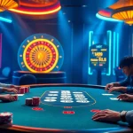 Players placing bets at a Fun88 blackjack table in a vibrant casino setting.