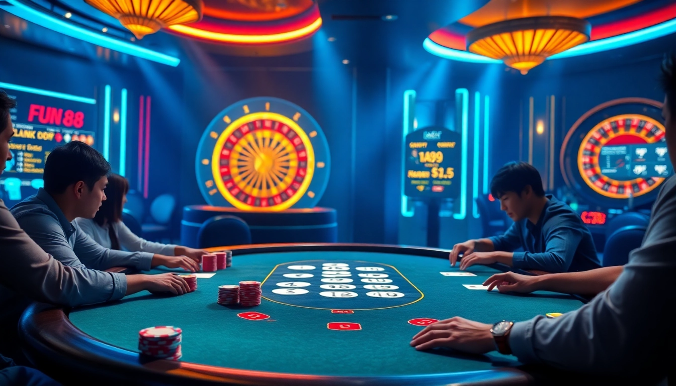 Players placing bets at a Fun88 blackjack table in a vibrant casino setting.