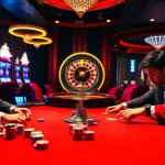 Red88 casino experience highlighting a vibrant poker game with lively players and colorful chips.