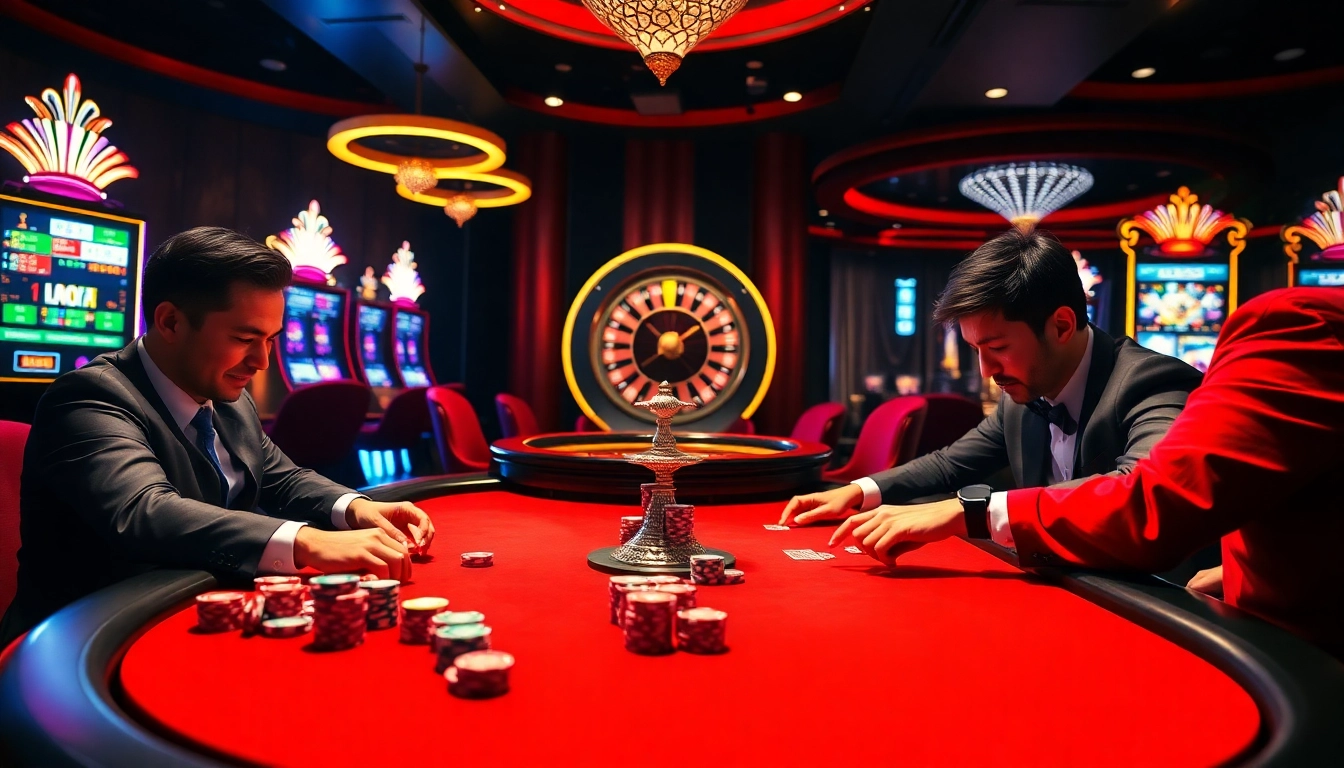 Red88 casino experience highlighting a vibrant poker game with lively players and colorful chips.