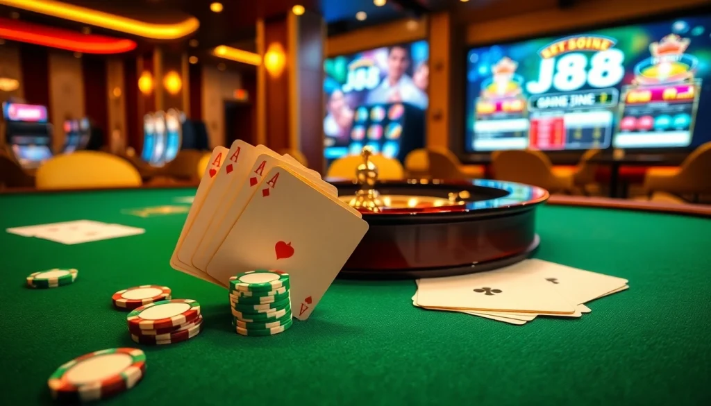 Experience the excitement of j88 at a luxurious casino gaming table with vibrant cards and chips.