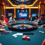 Experience thrilling gaming at sv66 with players enjoying roulette and poker in a luxurious casino setting.