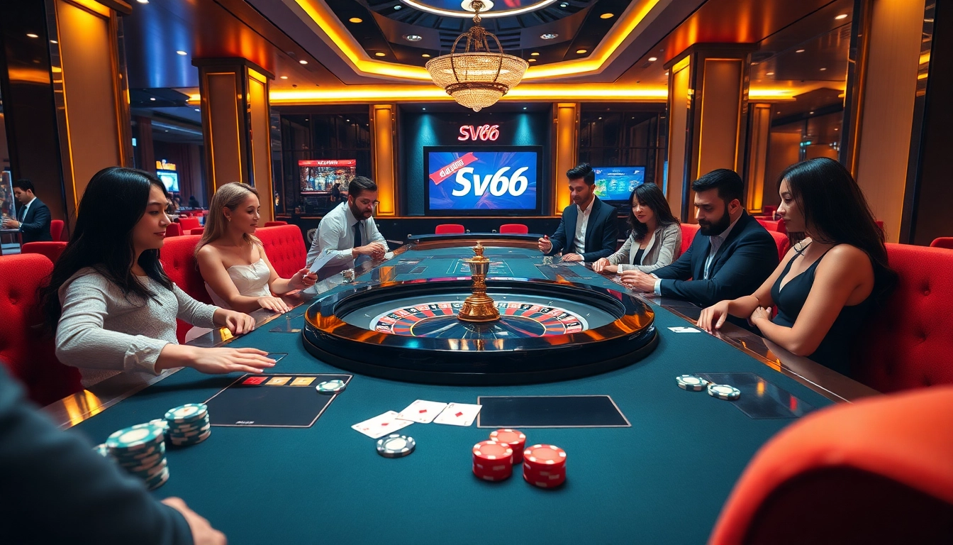 Experience thrilling gaming at sv66 with players enjoying roulette and poker in a luxurious casino setting.