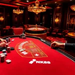 Players strategizing at a high-stakes blackjack table in the NK88 casino, surrounded by poker chips and cards.