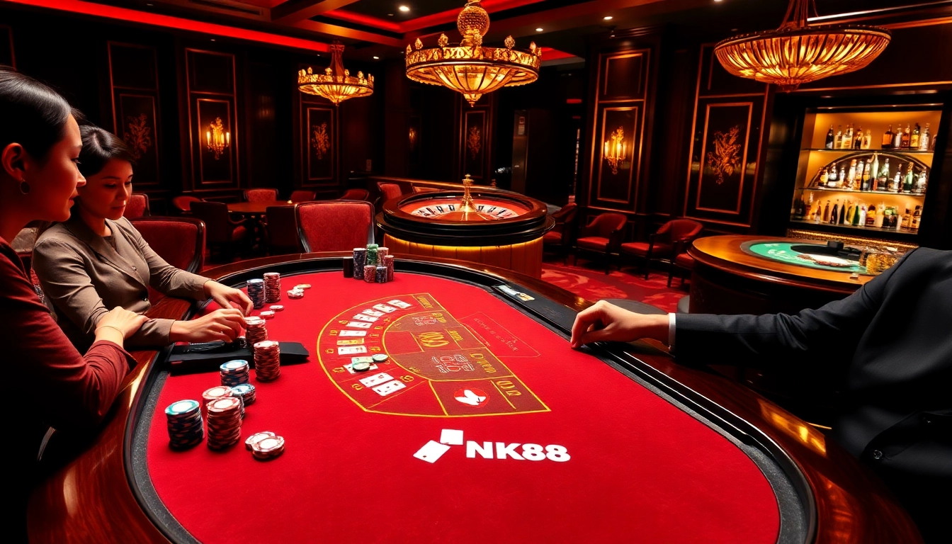 Players strategizing at a high-stakes blackjack table in the NK88 casino, surrounded by poker chips and cards.