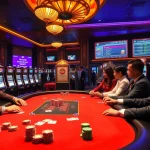 Lode88 online casino scene showcasing vibrant gambling action with poker chips and cards.