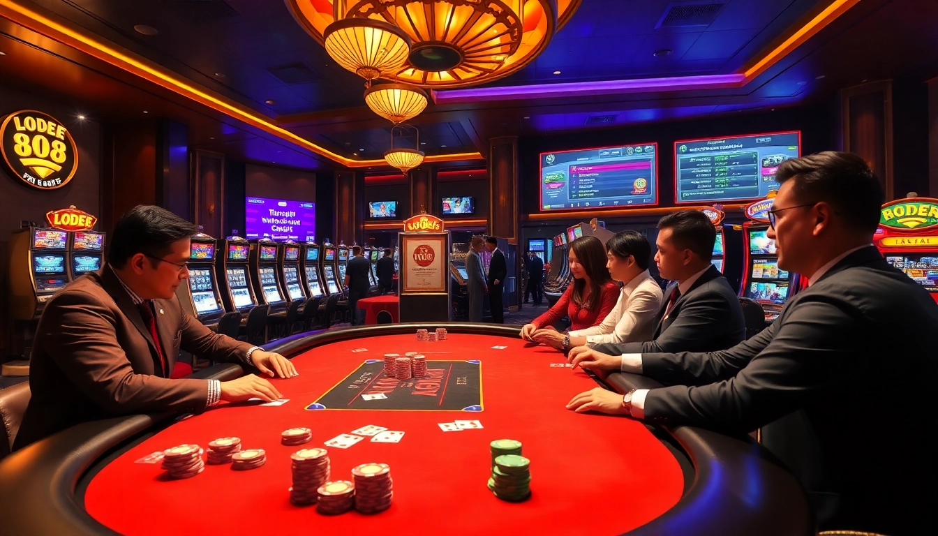 Lode88 online casino scene showcasing vibrant gambling action with poker chips and cards.