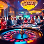 Players enjoy thrilling games at 65A casino, featuring roulette, poker, and vibrant slot machines.