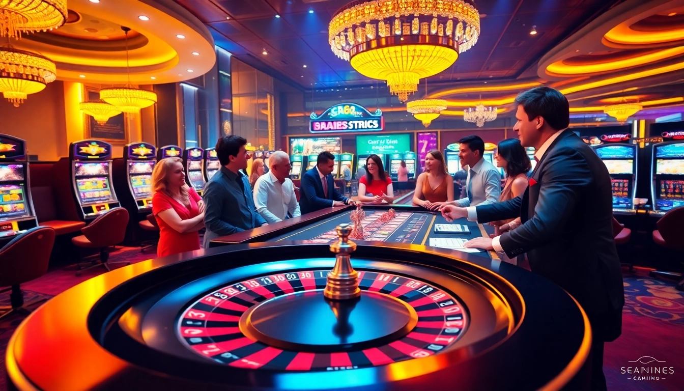 Players enjoy thrilling games at 65A casino, featuring roulette, poker, and vibrant slot machines.