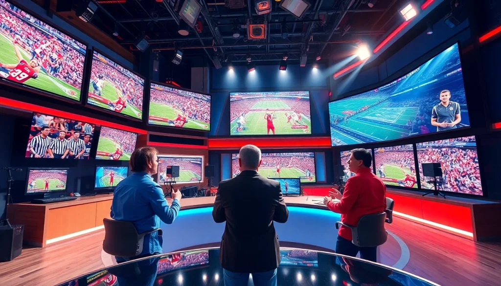 Hosts engaging in Sports Broadcasting discuss live games in a vibrant TV studio setting.