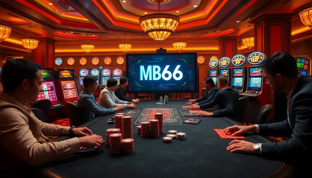 Players enjoying a high-stakes poker game at a luxurious casino, featuring MB66 branding.