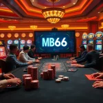 Players enjoying a high-stakes poker game at a luxurious casino, featuring MB66 branding.