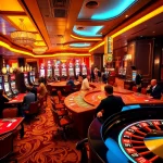 S8 branded casino scene showcasing players engaged in exciting gameplay at blackjack and roulette tables.