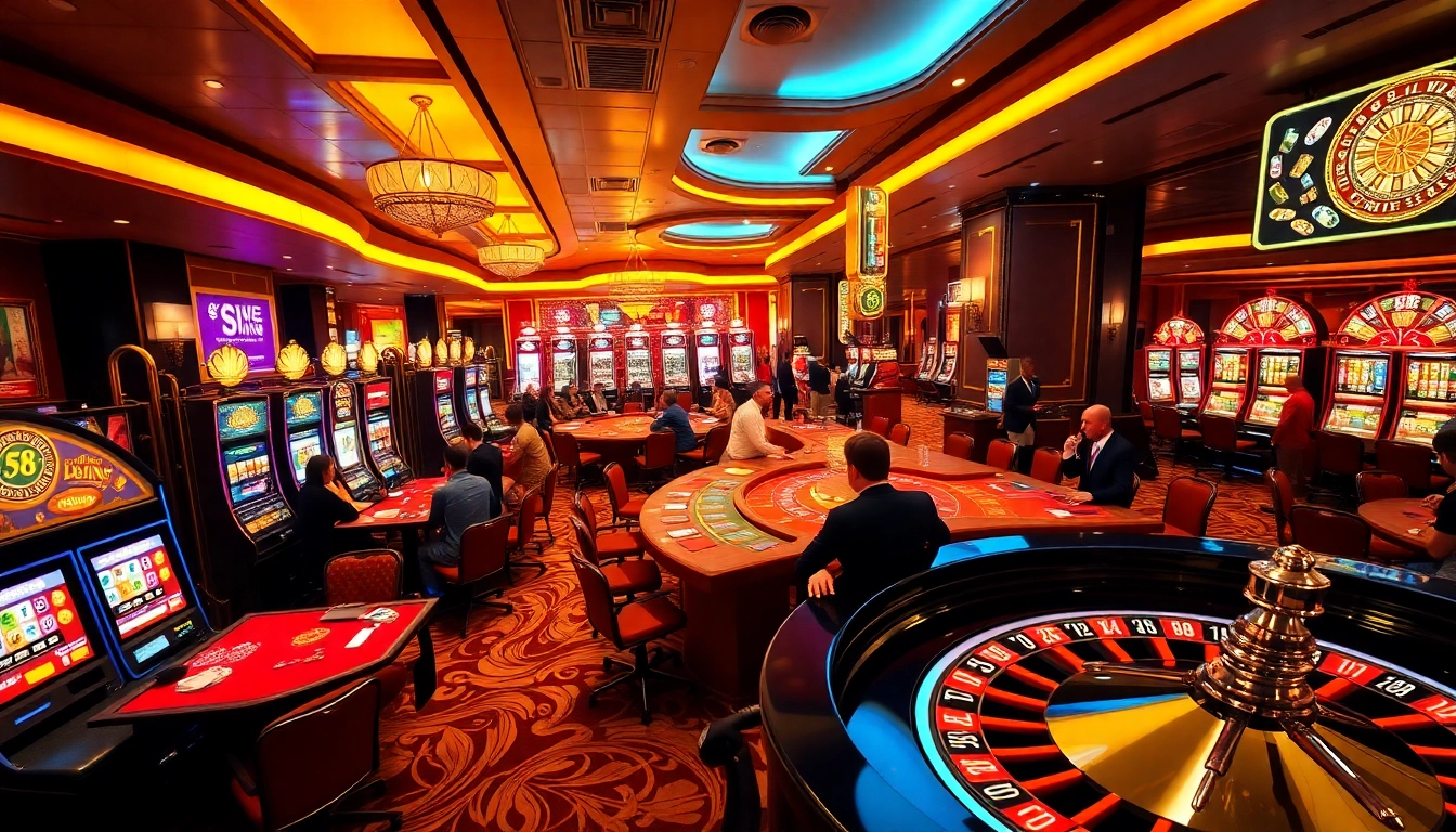S8 branded casino scene showcasing players engaged in exciting gameplay at blackjack and roulette tables.