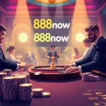 Experience the thrill of poker at 888now's high-stakes casino table with players and vibrant chips.