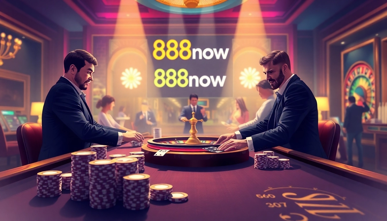 Experience the thrill of poker at 888now's high-stakes casino table with players and vibrant chips.