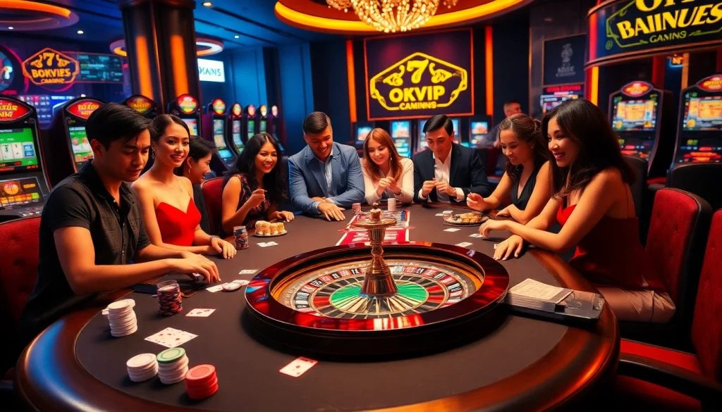 Experience high-stakes gambling action at F168 OKVIP's sophisticated casino table with vibrant chips and cards in play.