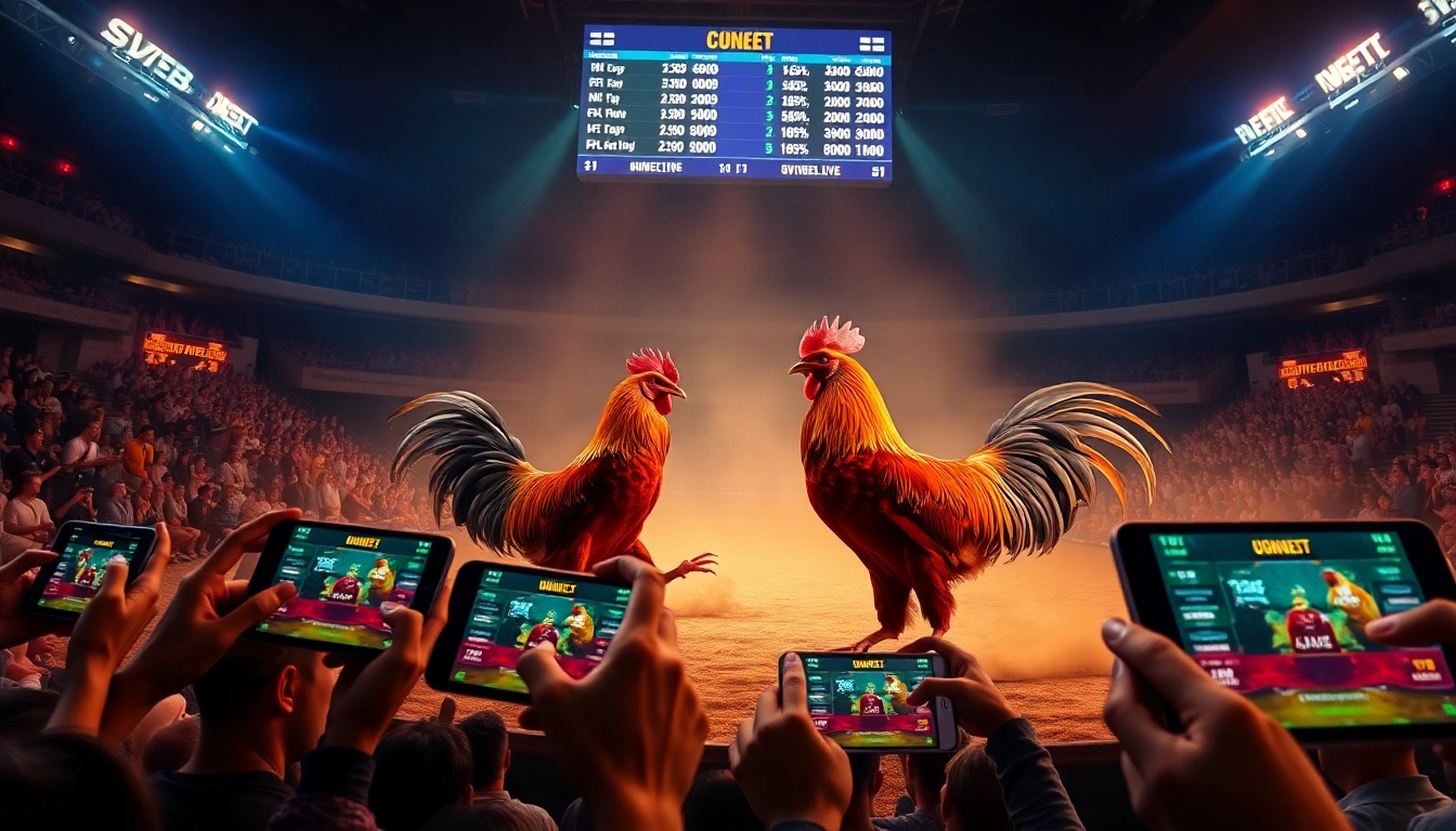 Live cockfighting showdown on sv368win.live with vibrant arena lights and enthusiastic spectators.